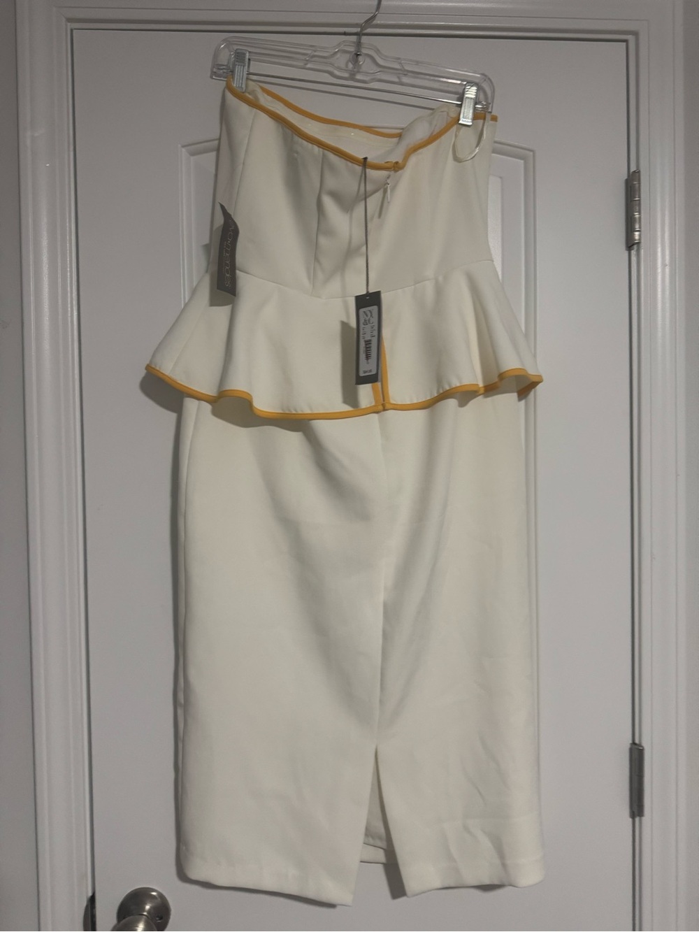 eva mendes for New York & Company Strapless Cream Peplum Dress with Gold Trim - Picture 3 of 7